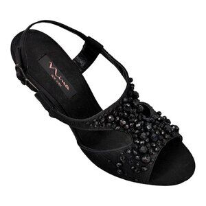 NINA New York Black Satin Beaded Open Toe Slingback Sandals 9M  Good Pre-Owned
